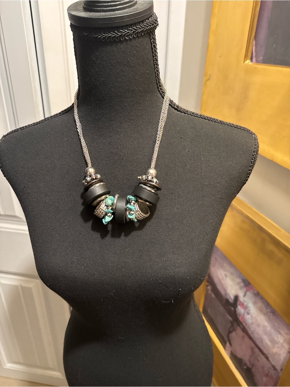 Wood + Turquoise + Crystal Silver-tone Mixed Media Artisan Necklace